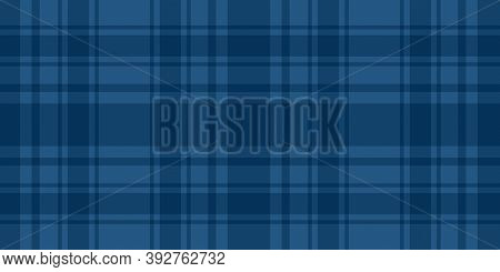 Blue Cage Lumberjack Seamless Pattern. Wide Stripes Horizontal Background. Vector Stock Checkered Ab