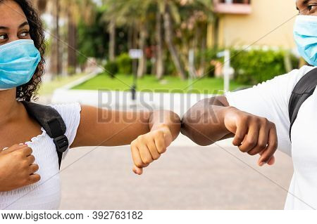 New Social Distancing Greet With Elbows For Preventing Corona Virus Spread. Couple No Kissing For Vi
