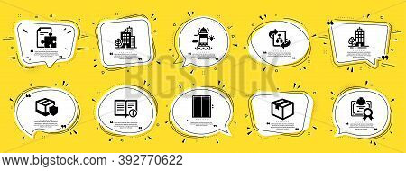Industrial Icons Set. Speech Bubble Offer Banners. Yellow Coupon Badge. Included Icon As Buildings, 