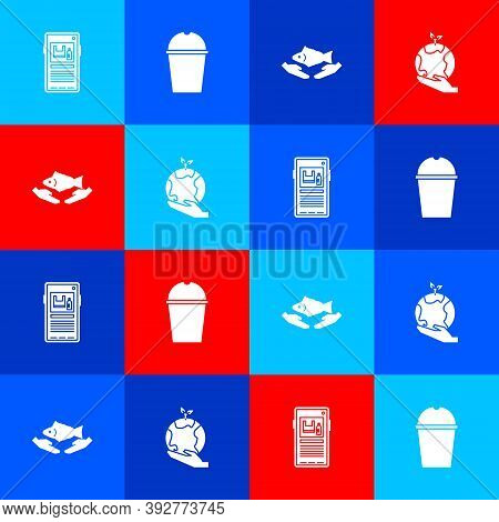 Set Stop Plastic Pollution, Paper Glass Water, Fish Care And Hand Holding Earth Globe Icon. Vector
