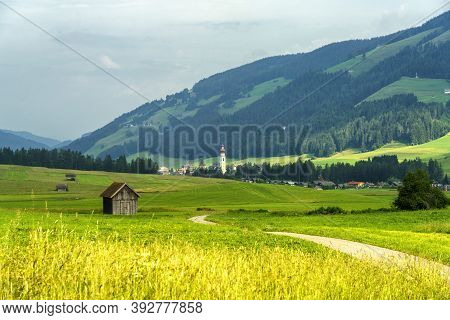 Cycleway Of Pusteria Valley, Bolzano Province, Trentino Alto Adige, Italy. Mountain Landscape At Sum