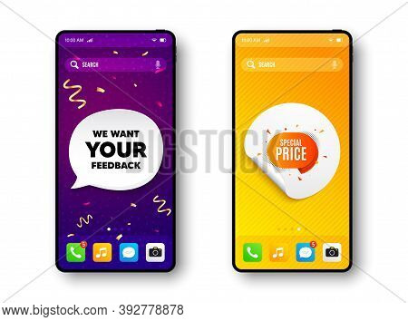 Special Price Sticker. Phone Mockup Vector Confetti Banner. Discount Banner Shape. Sale Coupon Bubbl
