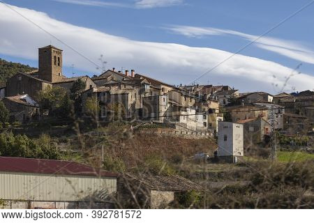 Javierregay, Spain - October 15, 2020: General View Of The Town Of Javierregay With Its Small Church