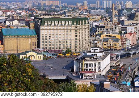 Kyiv, Ukraine-september 26, 2020:aerial View Of Poshtova Square (postal Square). It Is One Of The Ol