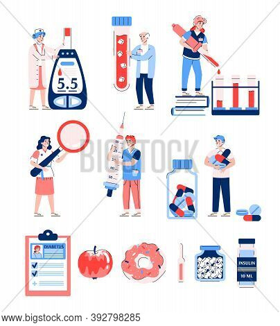 Set Of Diabetes Infographic Elements With Cartoon Characters, Flat Vector Illustration Isolated On W
