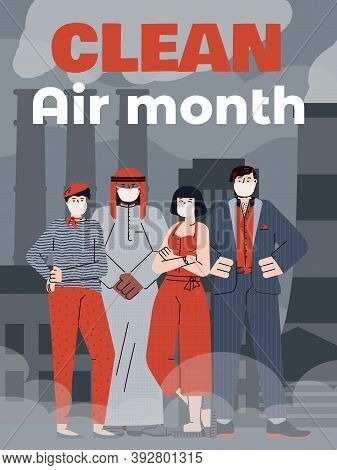 People In Protective Face Masks Wait Of Month Clean Air. Pollution Of Environment By Industrial Smog