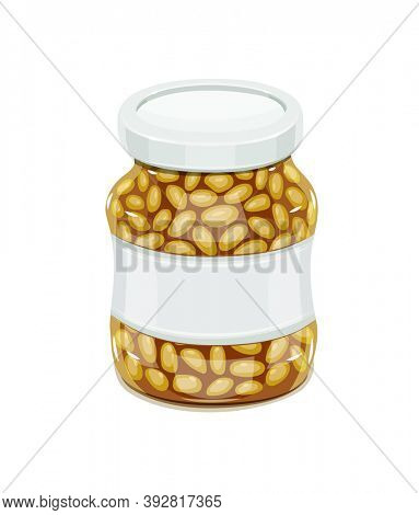 Glass jar with Bean. Haricot Natural food for safekeeping. Isolated white background. 3D illustration.