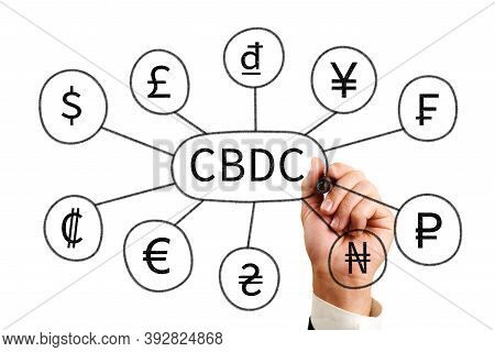 Cbdc. A Man Draws The Inscription Cbdc And Icons Of Currencies Of Different States