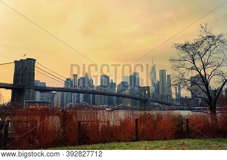 A Amazing Picturesque View Of A Famous Suspended Brooklyn Bridge And Manhattan Skyscrapers In New Yo
