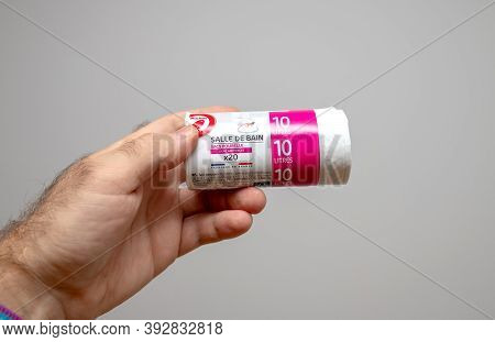 Paris, France - Oct 30, 2020: Male Hand Pov Holding Against White Background Auchan Salle De Bain Ba