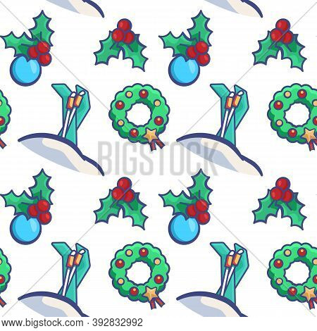 Holly Sprig, Garland On White Backdrop. Christmas Seamless Pattern For Wallpaper, Wrap Paper, Sleepe