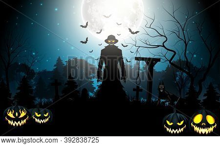 Vector Illustration Of Halloween Death With Grim Reaper And Pumpkins In The Graveyard