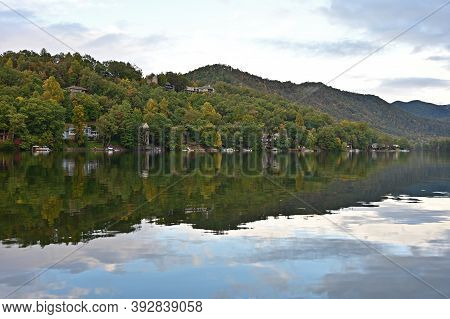 Lake Santeetlah, North Carolina - October, 2020 - Lake Homes On Lakeshore In Autumn.