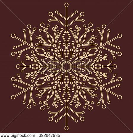 Round Golden Snowflake. Abstract Winter Golden Ornament. Fine Snowflake