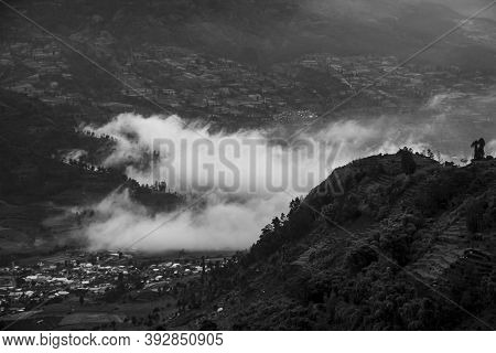 Black And White View Of Tourist Destinations In The Dieng Plateau, Central Java. See Rural Scenery A
