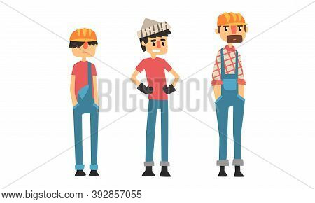 Man Builder Wearing Jumpsuit And Helmet Vector Illustration Set
