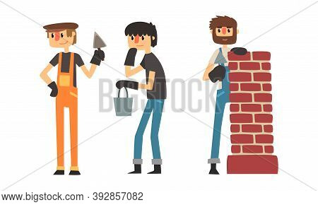 Man Builder Wearing Jumpsuit Doing Mason Work Vector Illustration Set