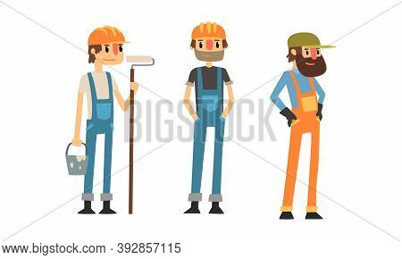 Man Builder Wearing Jumpsuit And Helmet Vector Illustration Set