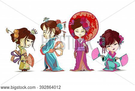Beautifull Japanese Girls Set Stand And Sit In Kimono. Young Geisha With Umbrella, Japanese Fans, Ol