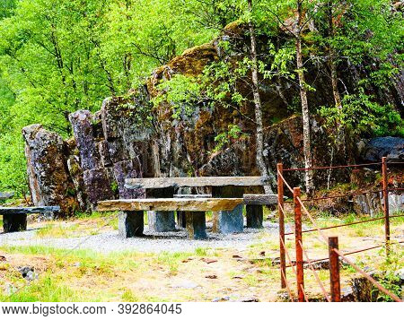 Picnic Site Stone Table With Benches On Nature At Path In Allmannajuvet Area Sauda, Norway. Norwegia