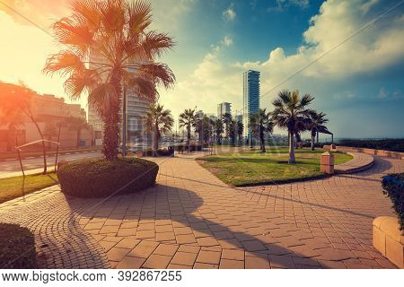 Panoramic View Of Netanya City, Israel. Netanya Waterfront