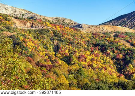 Autumn fall foliage Mountain at Bandai Azuma Skyline at Mt.Bandai in Fukushima Tohoku Japan