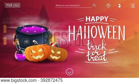 Happy Halloween, A Template For The Site With Congratulations, Witchs Pot And Pumpkin Jack