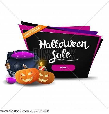 Halloween Sale, Black Discount Banner With Witchs Pot And Pumpkin Jack