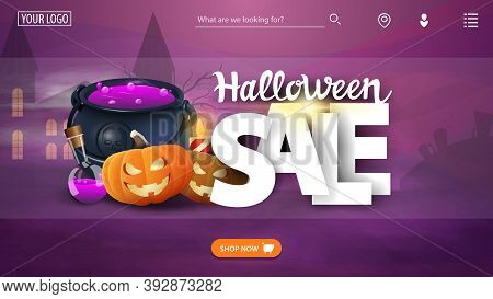 Halloween Sale, Template The Main Page Of The Web Site With The Discount Banner, Witchs Pot And Pump