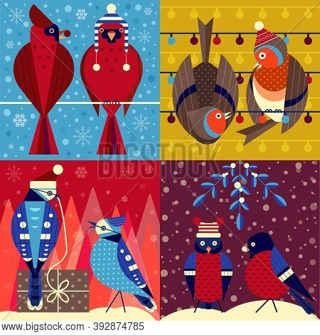 Christmas Birds In Funny Hats Xmas Cards Set