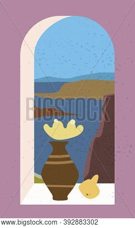 Open Old Window With Landscape Absctract View And Stillife, Vase, Friut. Mountains Sea And Ocean. Mi