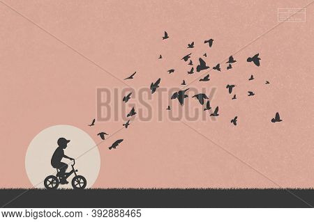 Boy On Bike And Pigeons In Park. Isolated Silhouette Of Child On Bicycle And Flocks Of Birds. White 