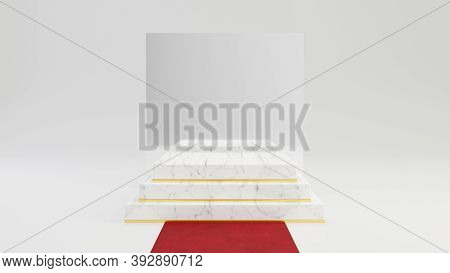 Square Marble Pedestal Steps With Gold Frame With Mirror And Red Carpet Isolated On White Background