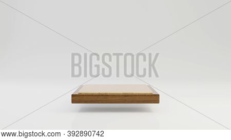 Levitating Square Wooden Podium With Gold Top Isolated On White Background. 3d Rendered Minimalistic