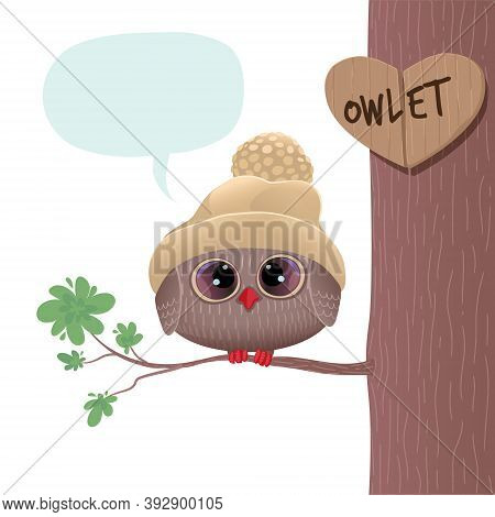 A Cute Owlet In A Warm Hat Sits On A Branch. Stock Vector Illustration