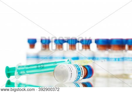 Bottles Of New Sars-cov-2 Vaccine On Table Ready For Application