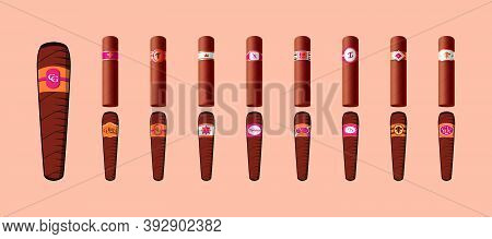 Set Of Cigar Labels Cartoon Icon Design Template With Various Models. Vector Illustration Isolated O