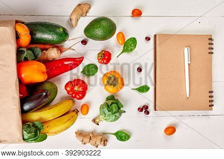 Flat Lay Paper Shopping Bag Fresh Vegetables And Fruits, Shopping List Food Supermarket Concept
