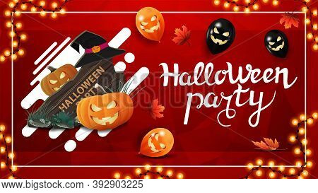 Halloween Party, Red Nvitation Poster With Polygonal Texture On The Background And Wooden Sign, Witc