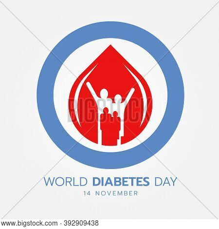 World Diabetes Day Banner - Family Group On Red Blood Sign In Blue Circle Ring Vector Design