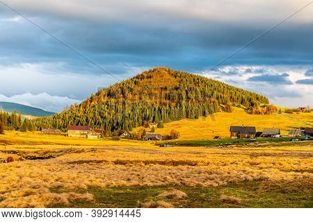 Bukovec Mountain Above Jizerka Village At Sunset Time. Spring In Jizera Mountains, Czech Republic..