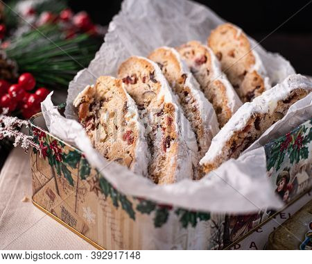 Christmas Stollen In A Box. Christmas Pastries In A Gift Box.