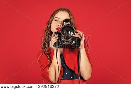 Professional Camera. Girl With Retro Camera. Capture Moments. Slr Camera. Courses For Photographers.