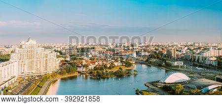 Minsk, Belarus - June 2, 2015: Elevated View Of Minsk Skyline In Sunny Summer Evening. Holy Spirit C