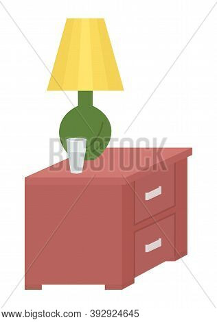Glass Of Water Standing On Table Vector, Wooden Cabinet With Lamp Decor, Decoration For Home Interio