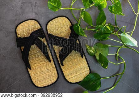 Pair Of Traditional Japanese Bamboo Zori Shoes. Top View Of Sandals With Decorative Greenery.