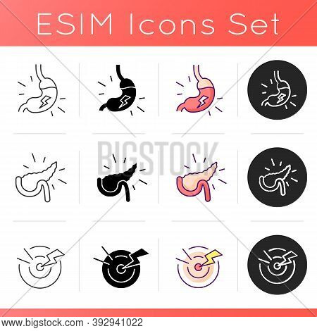 Pain In Belly Icons Set. Indigestion. Pancreatitis. Acute Pain. Stomach Infection. Dyspepsia. Large 