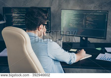 Rear Back Behind View Portrait Of His He Nice Focused Busy Smart Clever Geek Guy Solving Issue Task 