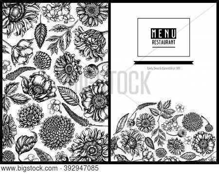 Menu Cover Floral Design With Black And White Poppy Flower, Gerbera, Sunflower, Milkweed, Dahlia, Ve
