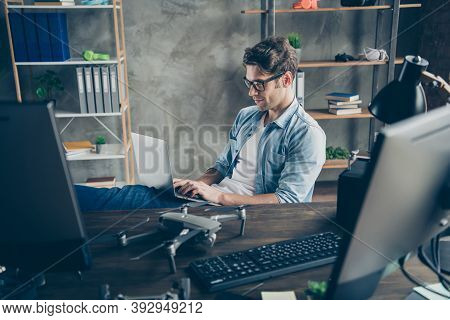Portrait Of His He Nice Attractive Focused Skilled Smart Guy Geek Expert Working Remotely Typing Cod